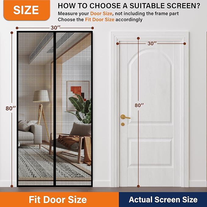 Magnetic Screen Door,Fiberglass Screen Door Mesh,Keep Bugs Out, Heavy-Duty Mesh Curtain,Pet and Kid Friendly, Works with Front Doors, Sliding Doors(32x80 Inch Fiberglass