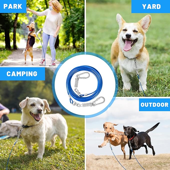 Dog Tie Out Cable 10/15/20/25/30FT Dog Run Cable Rosy Pink/Blue/Purple/Silver/Red/Green/YellowTie Out Cable for Large Dogs Heavy Duty for Outside Hold Large Dogs Up to 250LBS