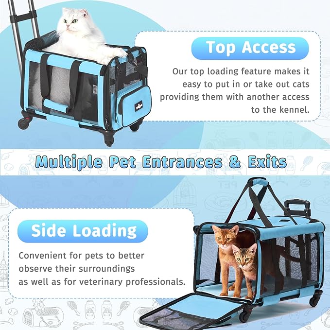 Pet Carrier with Wheels, Durable Airline Approved Cat Crate, Foldable Rolling Dog Carrier, Cat Rolling Bag for Cat &Dog, Use for Travel, Outdoor, Vet Visits, Camping, Indoor. Blue.