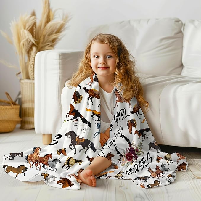 Horse Blanket,Horse Gifts for Girls Women, Just A Girl Who Loves Horses Blanket, Horse Lovers Birthday Gifts Decor Throw Blanket 50" x 40"