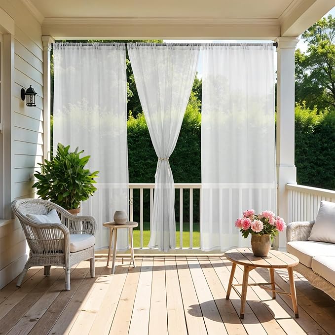 HolidayIdeas White Outdoor Sheer Curtains for Patio Waterproof Rod Pocket Indoor Sheer Voile Curtains for Porch, Balcony, Gazebo, Pergolas, 54x95 Inch, 8 Pcs
