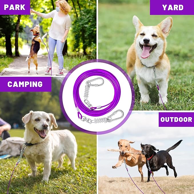 Dog Tie Out Cable 10/15/20/25/30FT Dog Run Cable Rosy Pink/Blue/Purple/Silver/Red/Green/YellowTie Out Cable for Large Dogs Heavy Duty for Outside Hold Large Dogs Up to 250LBS