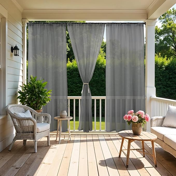 HolidayIdeas All Weather Outdoor Patio Curtains 6 Pcs Linen Look Rod Pocket Sheer Outdoor Curtains for Porch, Balcony, Gazebo, Pergolas, Cabana, Grey, 54x95 Inch