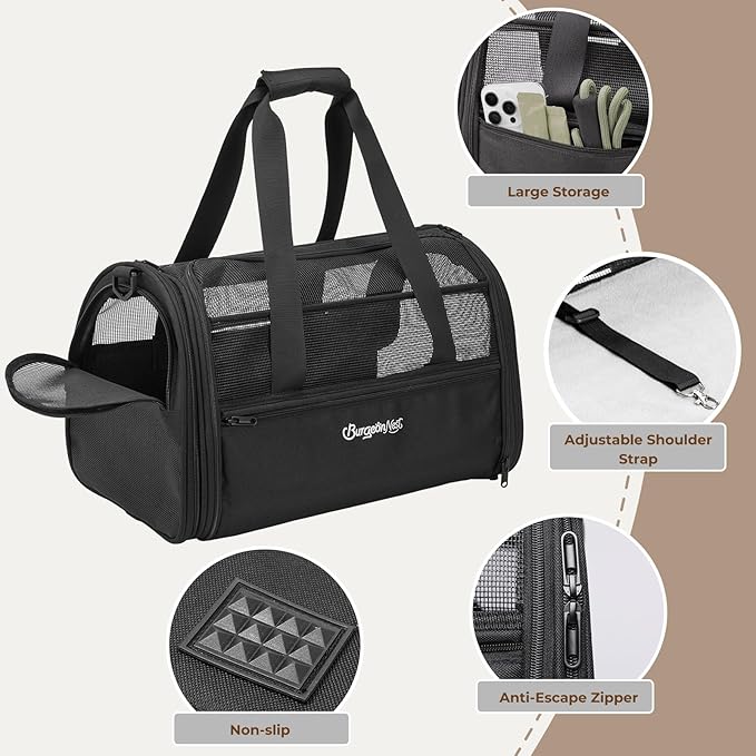 BurgeonNest Soft-Sided Dog Carrier Airplane Approved for Small Dogs Side-Expandable Pet Cat Carrier,Lightweight Puppy Purse 0-15 lbs, 17.7x11x11 Inchs Up to 16lbs, Black