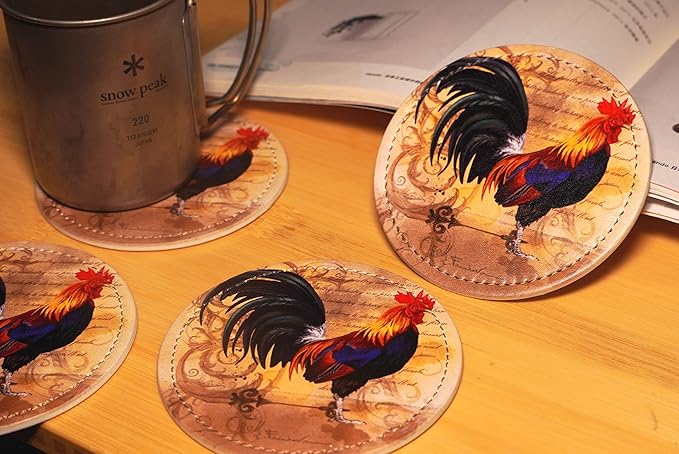 Vintage Rooster Coasters for Drinks with Holder Leather Coasters Set of 6 Table Decor Protect Furniture from Water Marks Scratch and Damage