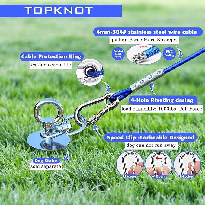 Dog Tie Out Cable and Stake,with 20FT Heavy Duty Cable,360°Swivel Dog Run- No Tangle,Runner for Yard R- Up to 150LBS,Ideal for Outdoor Camping