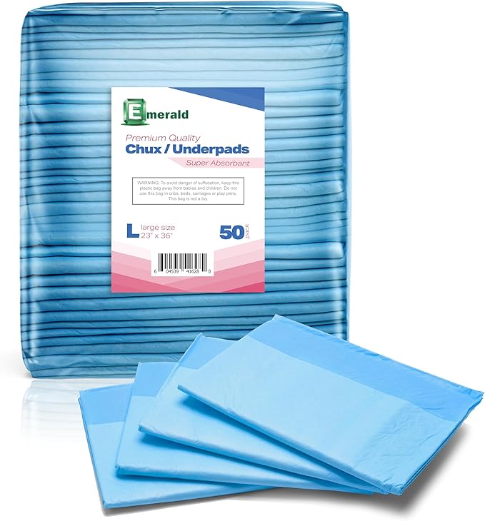 Emerald Incontinence Underpads, 50 Pads, Waterproof Plastic Backing, Highly Absorbent Cotton Fluff, Non-Skid, for Bedwetting, Pets, Seniors