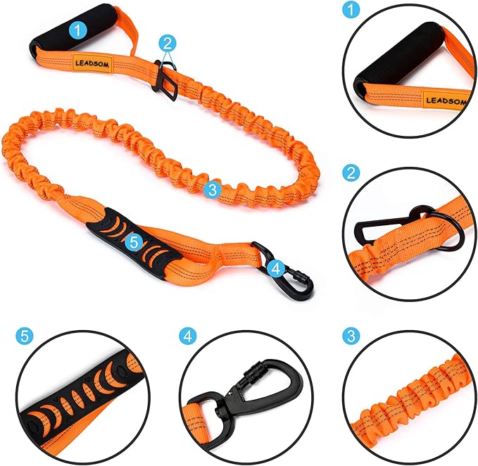 6FT Highly Reflective Heavy Duty Elastic Bungee Medium and Large Dog Leash Shock Absorbing with Comfortable Padded Handle and Traffic Handle Suitable for Training