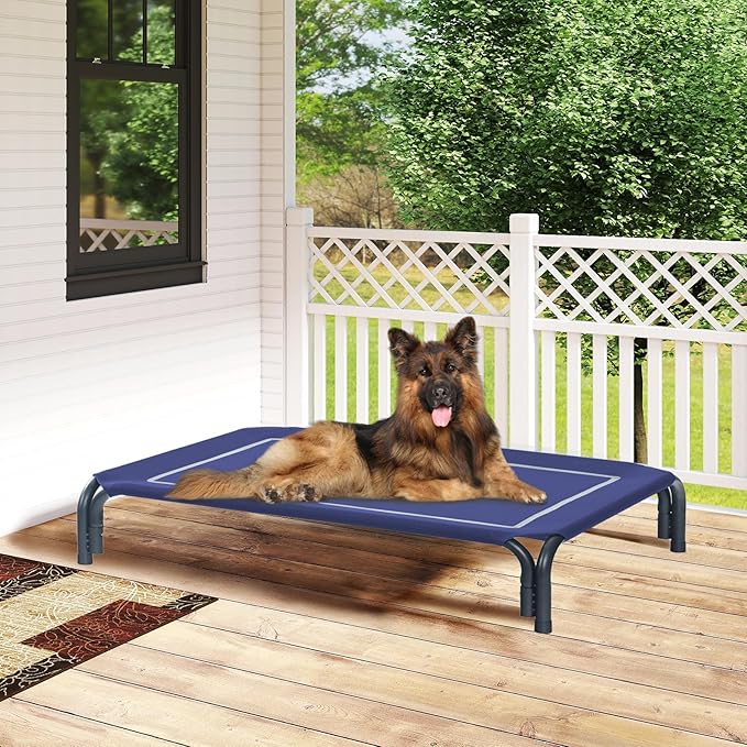 Elevated Dog Bed Raised Outdoor Dog Cot for Extra Large Dogs, Installation Requires No Tools, Frame with Washable Cooling Breathable Mesh Anti-Slip Feet, Indoor Pet Bed, Blue, 48.8 Inches