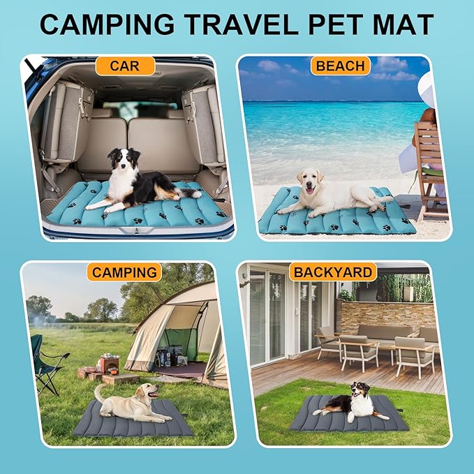 BEAUTYZOO Outdoor Dog Bed Waterproof, Camping Dog Bed Reversible, Portable Travel Bed with Carry Bag- Machine Washable, Durable, Foldable Outdoor Pet Bed Mat for Medium Large Dogs, 26” x 43“ Blue