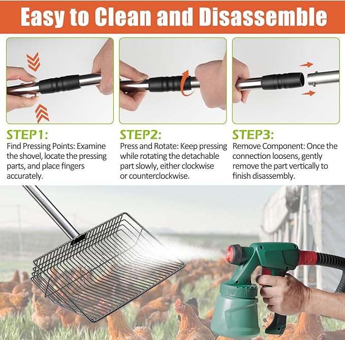 Esmorah 10 Inch Large Metal Chicken Poop Scooper for Sand & Coop Cleaning - Long Sifting Shovel with 24"-68" Adjustable Handle, 5 Lengths Heavy Duty Stainless Steel