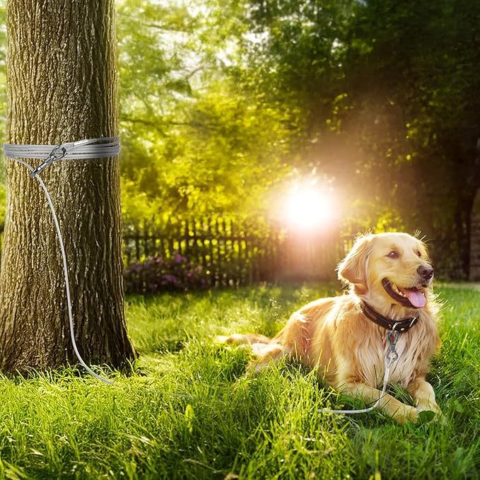 Tresbro 15FT Reflective Tie Out Cable for Dogs Up to 250 Pounds, Steel Wire Lead Leash Cable with Stainless Dual Fix Buckle, Lightweight and Enduring, Dog Chains Outside for Outdoor,Yard,Camping