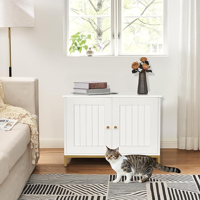 Homhedy Cat Litter Box Enclosure, Cat Washroom Furniture with Metal Frame, Pet House, Fit Most of Litter Box, Modern Style, White and Gold