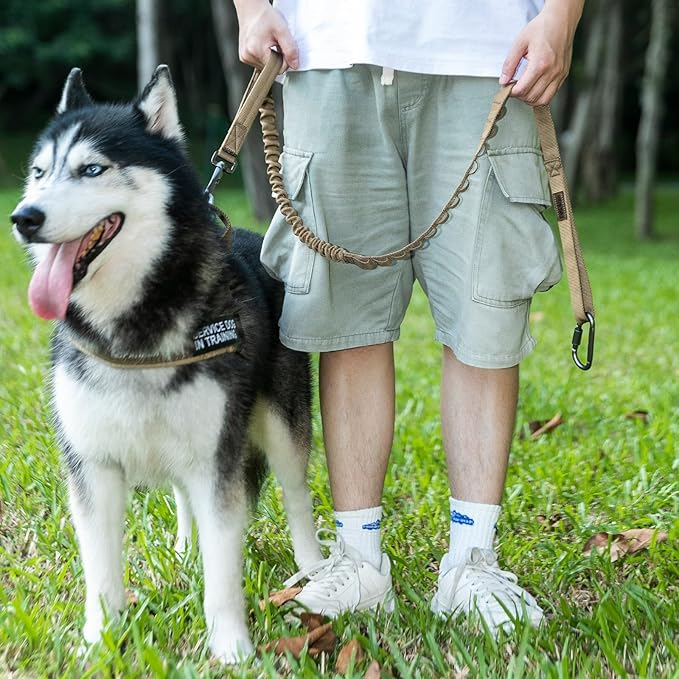EXCELLENT ELITE SPANKER Bungee Dog Leash Tactical Nylon Adjustable Tactical No Pull Leads Rope for Dogs Quick Release Military Rope with 2 Control Handle (MCP)