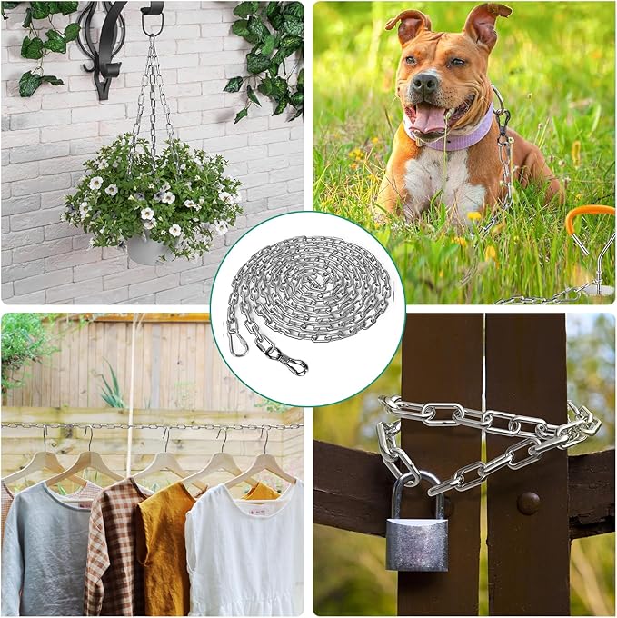 Tresbro Heavy Duty Dog Chains for Outside, 6FT Stainless Steel Tie Out Cable with Swivel Hook for Large Dogs, Metal Chew Proof Pet Runner Chain Leash Lead for Outdoor Camping Hiking Yard, 5MM