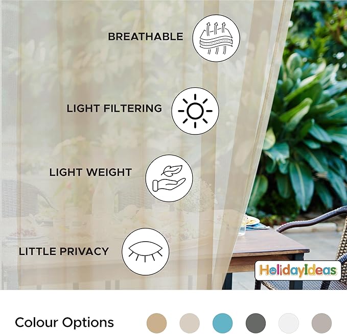 HolidayIdeas All Weather Outdoor Patio Sheer Curtains 6 Pcs Linen Look Rod Pocket Sheer Outdoor Curtains for Porch, Balcony, Gazebo, Pergolas, Cabana, Linen, 54x120 Inch