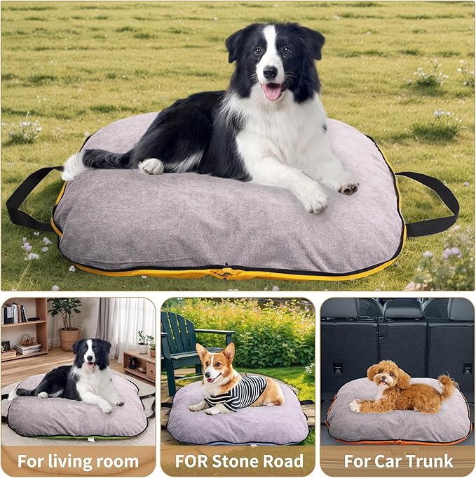 Portable Waterproof Dog Mat for Camping, Patio & Travel - Foldable Outdoor Dog Bed with Teflon Shell & Removable Plush Pad - Easy Clean, Durable - M (Hemp Grey)