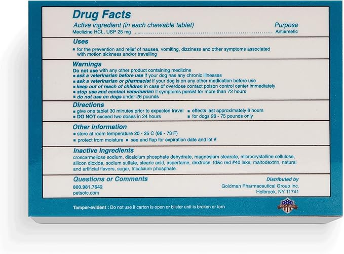 Anti-Motion Sickness and Nausea Relief for Large Breed Dogs, Relief for Disorientation and Dizziness, 30 Tablets