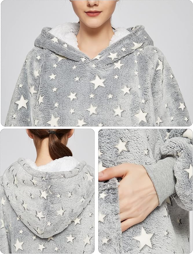 KFUBUO Glow in The Dark Wearable Blanket Hoodie for Adults Long Sherpa All Patterns Oversized Sweatshirt Blanket with Pockets Birthday Gifts for Women