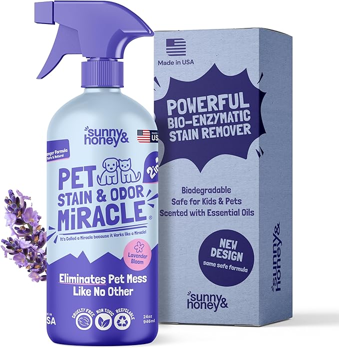 Sunny & Honey Pet Stain & Odor Miracle - Carpet Enzyme Cleaner for Dog & Cat Stain - Light Lavender Carpet Stain Remover for Rug and Mattress - Carpet Cleaner Spray - 32 fl oz Carpet Cleaner Solution