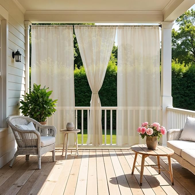 HolidayIdeas All Weather Outdoor Patio Sheer Curtains 6 Pcs Linen Look Rod Pocket Sheer Outdoor Curtains for Porch, Balcony, Gazebo, Pergolas, Cabana, Linen, 54x120 Inch