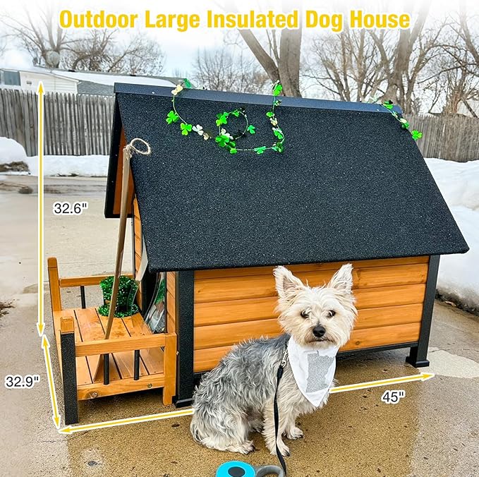 AIVITUVIN Outdoor Dog House Insulated Liner with Anti-Chewing Iron Surround Dog Kennel Dog Shelter Weatherproof (Brown, 45" D x 32.9" W x 32.6" H)