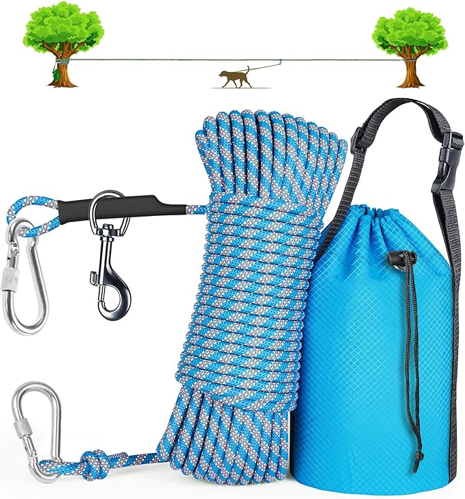 Tresbro Dog Camping Leash, 50ft/75ft/100ft Trolley System for Dogs up to 300lbs, Portable Lightweight Runner Lead for Yard, Reflective Tie Out Cable for Camping, Courtyard, Park, Outside