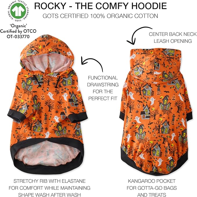 Rocky – The Orginal Lightweight Hooded TEE 100% Organic Cotton Dog Hoodie Pet Coat Sweater for Small, Medium, Large Dogs, Spooky, X-Small