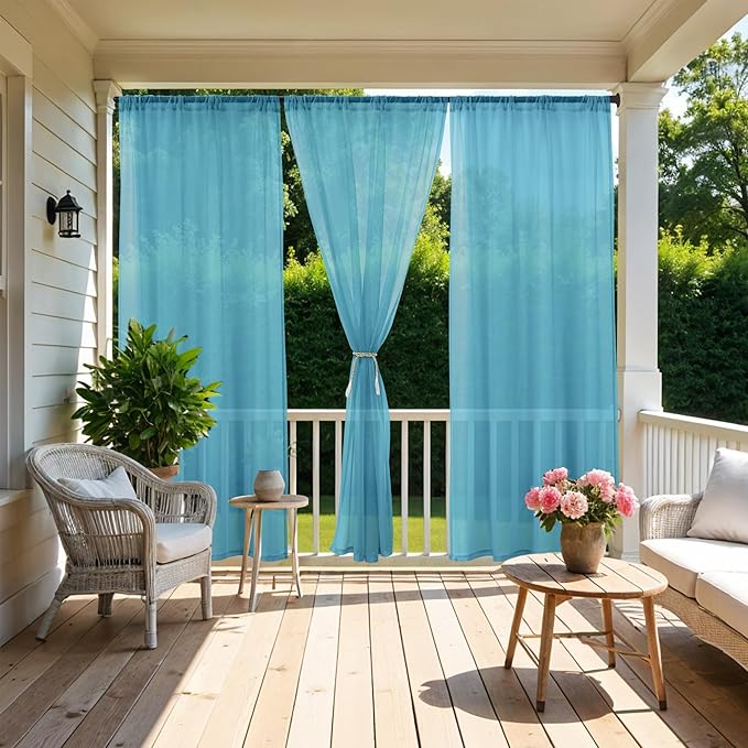 HolidayIdeas All Weather Outdoor Patio Curtains 6 Pcs Linen Look Rod Pocket Sheer Outdoor Curtains for Pool Side, Porch, Balcony, Pergolas,Cabana, Aqua,54x95 Inch