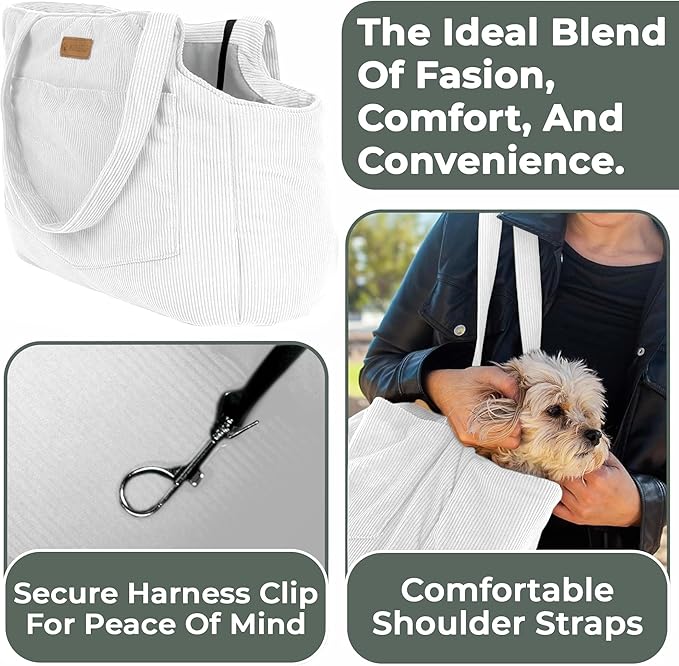 Corduroy Dog Carrier - Lightweight Cotton Soft-Sided Pet Tote with Safety Harness Clip - Breathable Travel Carrier for Small Dogs and Puppies (White)