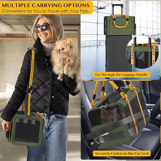 PAWZIDEA Expandable Pet Carrier with Wheels, 18X11X11 TSA Airline Approved Cat Carrier w/ID Card for 2 Cats, Small Dog Carrier Car Seat Travel Bag, Max Weight Recommendation 18 lbs,Green