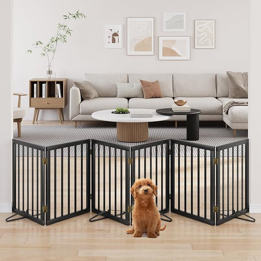 Extra Wide Dog Gate 110 inches Wide, Freestanding Pet Gate for The House Doorway, Pet Puppy Barrier, Support Feet Included, Black,6 Panels