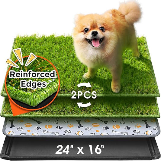 Hompet Dog Grass Pad with Tray Large, 24"x16", 2 Reusable Artificial Turf for Dogs Potty, Waterproof Non-Slip Washable Pee Pads, Quickly Absorbency Portable Dog Litter Box for Indoor/Outdoor Use