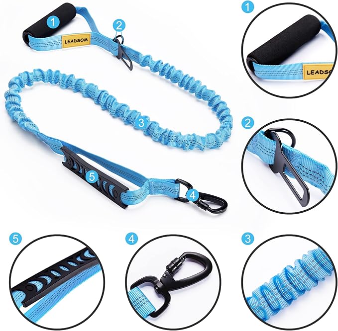 6FT Highly Reflective Heavy Duty Elastic Bungee Medium and Large Dog Leash Shock Absorbing with Comfortable Padded Handle and Traffic Handle Suitable for Training Light Blue