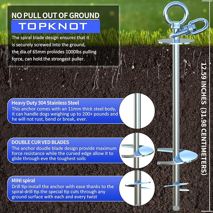 TOPKNOT 15FT Heavy Duty Stainless Steel Dog Tie Out Cable and Stake, 360 Swivel Dog Run, Rust Proof, Holds 2 Dogs Up to 200LBS, Ideal for Outdoor Camping and Yard Use