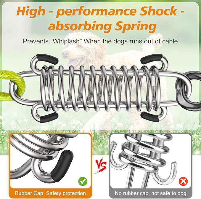 Tresbro 50 FT Dog Tie Out Cable with Spring, Shock Absorbing Tether Chains for Outside Aavilable in 10/15/20/25/30/40/50/70/100/120 FT, Heavy Duty Leads for Yard for Medium & Large Dogs Up to 500 LBS