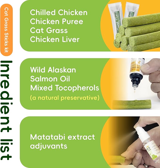 Cat Grass Sticks(125g/4.41oz) | Cat Dental Sticks for for Hairball Remedy and 60% Plaque Reduction | Natural Cat Grass Teeth Cleaning Chews for Indoor Cats | with Free Salmon Oil & Catnip Spray