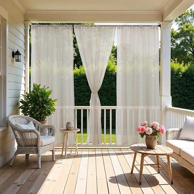 HolidayIdeas All Weather Outdoor Sheer Patio Curtains 6 Pcs Rod Pocket Voile Sheer Outdoor Curtains for Porch, Balcony, Gazebo, Pergolas,Cabana,Beige,54x108 Inch