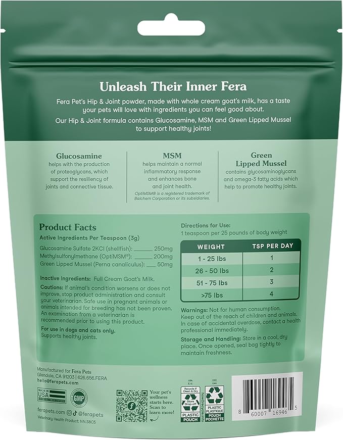 Fera Pets Goat Milk - Cat & Dog Hip and Joint Support with Glucosamine, MSM & Green Lipped Mussel - Supports Flexibility, Mobility & Bone Health - for Picky Eaters - 60 TSP