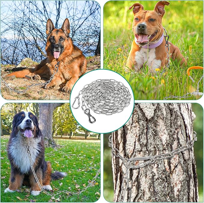 Tresbro Heavy Duty Dog Chains for Outside, 15FT Stainless Steel Tie Out Cable with Swivel Hook for Large Medium Dogs, Metal Chew Proof Pet Runner Chain Leash Lead for Outdoor Camping Hiking Yard, 4MM