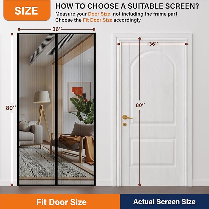 Magnetic Screen Door,Screen Door Mesh,Keep Bugs Out, Heavy-Duty Mesh Curtain,Pet and Kid Friendly, Works with Front Doors, Sliding Doors(36 x 84 Inches Black