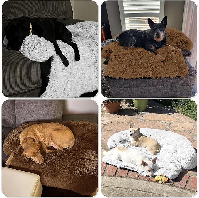 GGIB Calming Dog Bed Fluffy Plush Dog Mat for Furniture Protector with Removable Washable Cover for Large Medium Small Dogs and Cats (Medium, Brown)