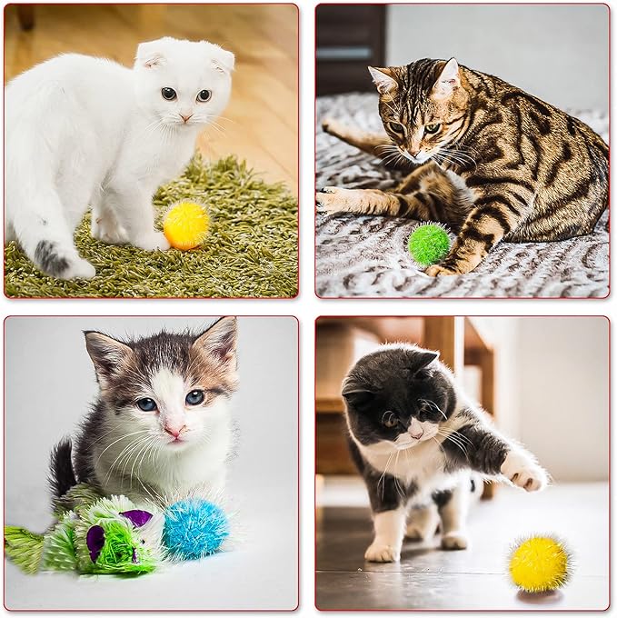 VAPKER 30 Pcs Cat Ball Toys Sparkle Balls Extra Large 2 Inch Cat's Favorite Chase Glitter Ball Glitter Tinsel Pom Poms Balls Hot Pink Color