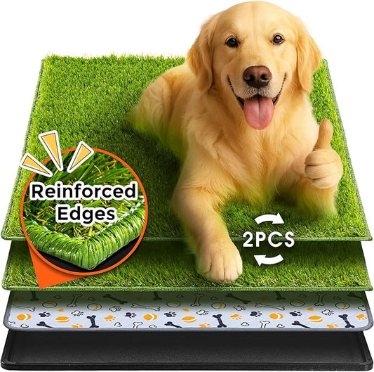 Hompet Dog Grass Pad with Tray Large, 35"x22.5", 2 Reusable Artificial Turf for Dogs Potty, Waterproof Non-Slip Washable Pee Pads, Quickly Absorbency Portable Dog Litter Box for Indoor/Outdoor Use