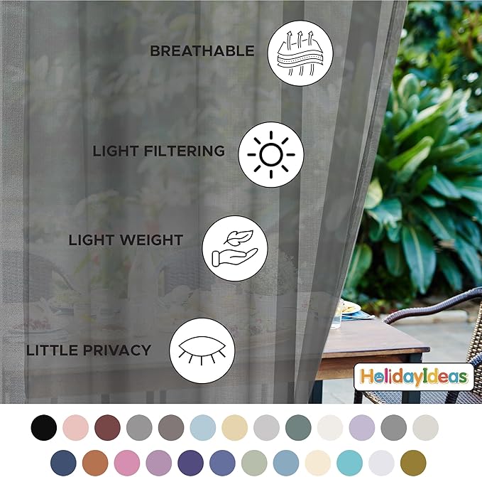 HolidayIdeas All Weather Outdoor Patio Curtains 6 Pcs Linen Look Rod Pocket Grey Sheer Outdoor Curtains for Porch, Balcony, Gazebo, Pergolas, Cabana,54x84 Inch