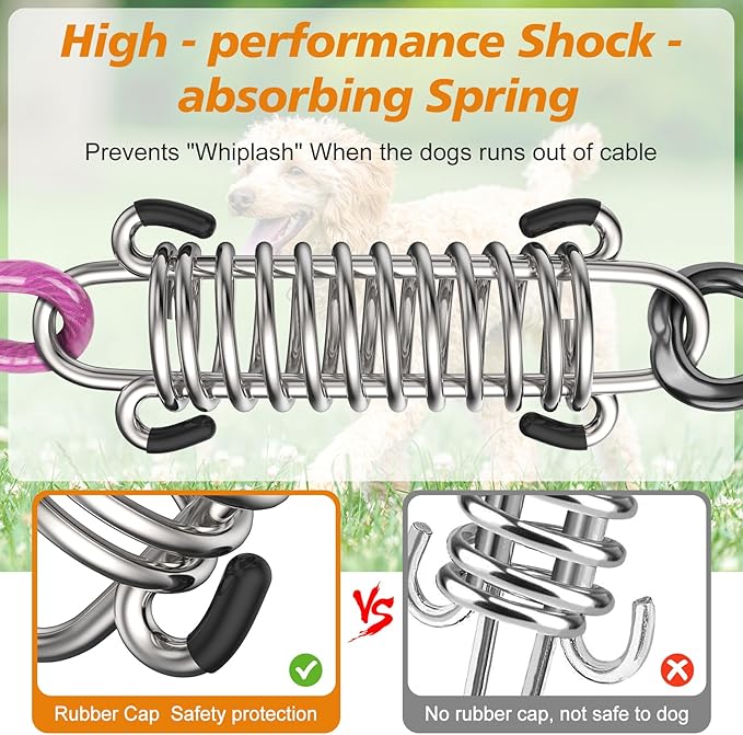 Tresbro 30 FT Dog Tie Out Cable with Spring, Shock Absorbing Tether Chains for Outside Aavilable in 10/15/20/25/30/40/50/70/100/120 FT, Heavy Duty Leads for Yard for Medium & Large Dogs Up to 500 LBS