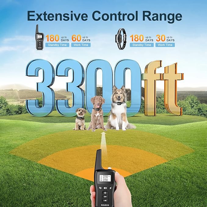 ROJECO Dog Training Collar with 3300FT Remote,IPX7 Waterproof Rechargeable Shock Collar for Large Medium Small Dogs,3 Safe Training Modes with Beep,Vibration and Shock,Adjustable Electronic Dog Collar