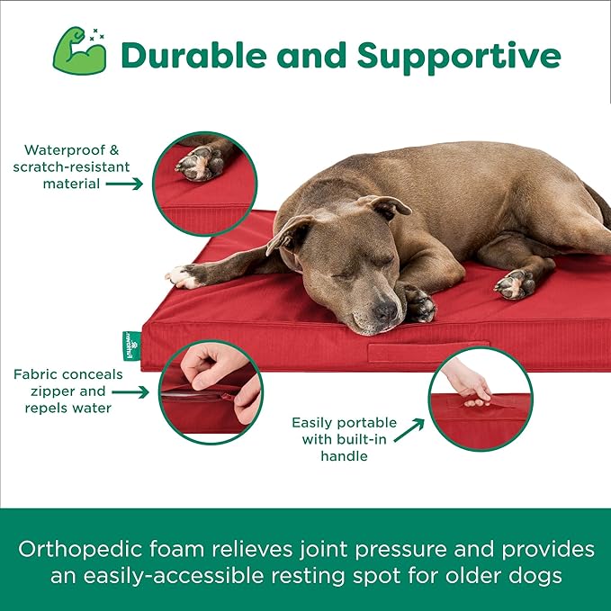 FurHaven Cooling Dog Bed – XL Foam Mattress for Joint Pain Relief, Waterproof Liner, Removable Washable Cover, Durable for Outdoor Use, Deluxe Grid Indoor/Outdoor Bed – Red, Jumbo