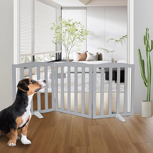 ZJSF Foldable Freestanding Indoor Dog Gate for House Wood Long Pet Gates Dog Fence for Stairs Puppy Gates for Hallways, Puppy Gate,Support Feet Included, Grey, 24 "Height-3 Panels