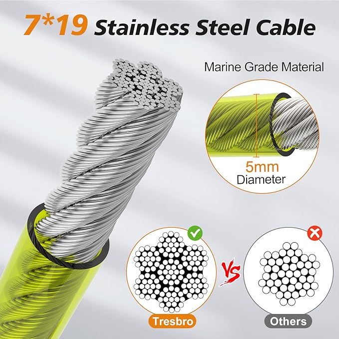 Tresbro 50 FT Dog Tie Out Cable with Spring, Shock Absorbing Tether Chains for Outside Aavilable in 10/15/20/25/30/40/50/70/100/120 FT, Heavy Duty Leads for Yard for Medium & Large Dogs Up to 500 LBS